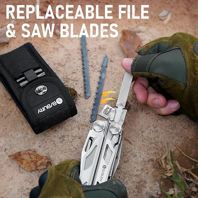 BIBURY Multitool Pliers Pro BI2045, Foldable Multitools with Replaceable Wire Cutters and Saw, Stainless Steel Multi Tool w/Upgraded Scissors and Screwdriver Set, Ideal for Camping, Fishing, Survival
