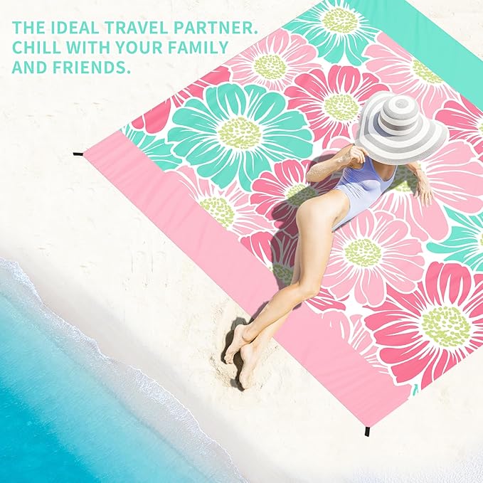 BYDOLL Beach Blanket Sandproof Waterproof Flower 78''×81''1-4 Adults Compact Lightweight Oversized Beach Blanket Large Picnic Mat Beach Blanket for Travel Camping Hiking Picnic