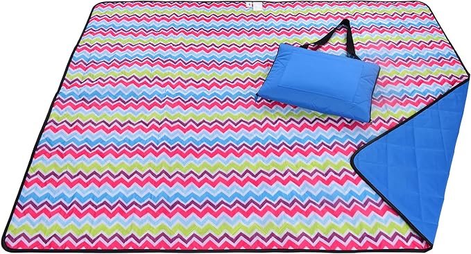 Beach Blanket Sand Proof & Outdoor Picnic Blanket - Water Resistant, Large Mat for Camping or Travel. Washable, Foldable, Easy Carry Compact Tote Bag (Wave Design)