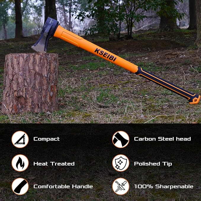 KSEIBI 36-Inch Splitting Axe - Forged Carbon Steel, Wood Splitter & Kindling Axe for Chopping, Heavy-Duty Maul with Ergonomic Fiberglass Handle, Shock Reduction, Anti-Slip Grip