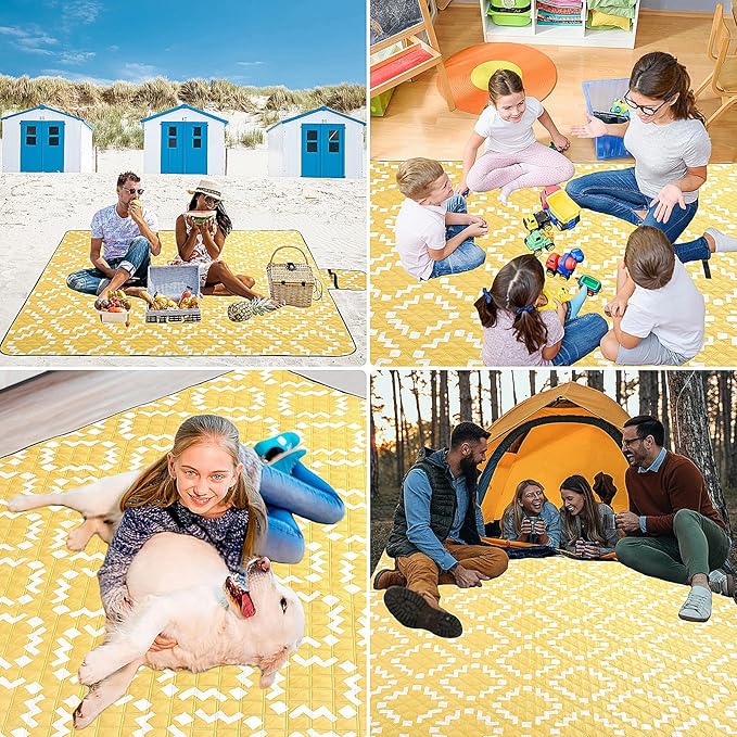 Waterproof Sandproof Travel Blanket, Large Yellow Picnic Mat for 2-4 Adults, Lightweight Beach Blankets with Carry Strap, Foldable Outdoor Blankets for Camping, Grass, Park