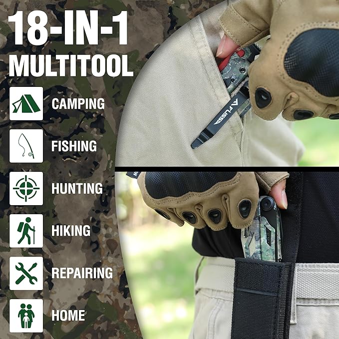 FLISSA Multitool, 18 in 1 Camo Multitool Pliers with Fire Starter, Window Breaker, Whistler, Stainless Steel EDC Gear with Sheath - Perfect for Survival, Simple Repair, Outdoor, Camping
