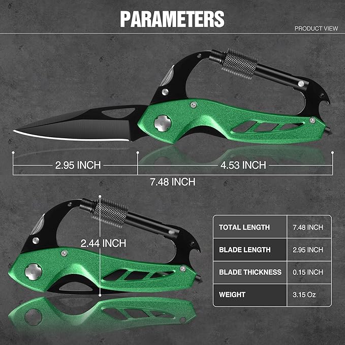 Multitool Carabiner with Pocket Knife, EDC Carabiners Keychain with Bottle Opener, Window Breaker Folding Knives and Screwdriver, Survival Gear for Outdoor Camping Hiking for Men
