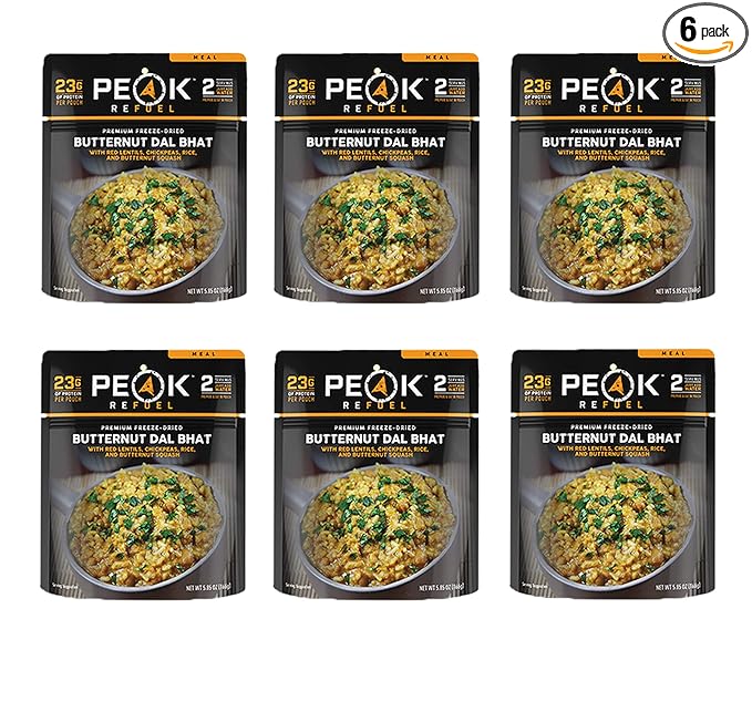 Peak Refuel Butternut Dal Bhat | Freeze Dried Backpacking and Camping Food | Amazing Taste & Quality | High Protein | Real Meat | Quick Prep (6-Pack)