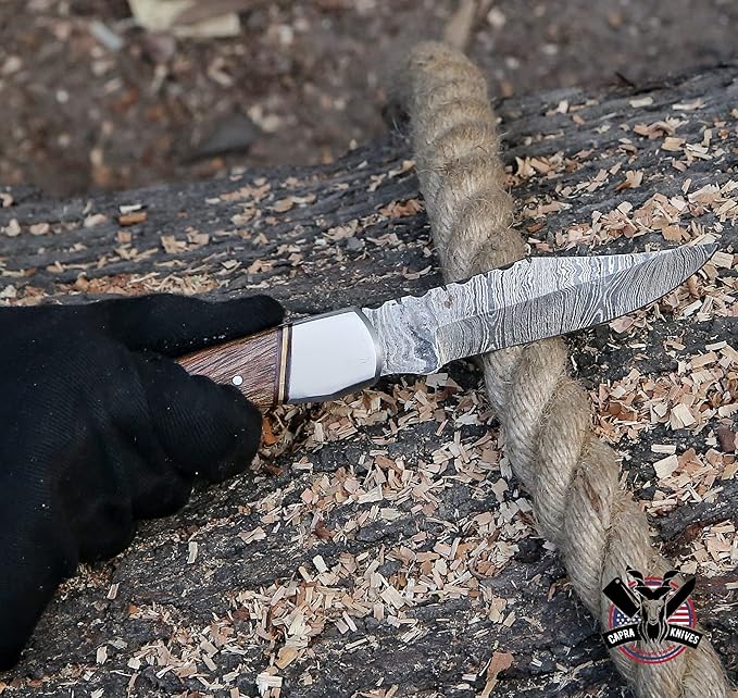 Capra Knives CK-43 Handcrafted Folding Pocket Knife 5” Folded, 9” Long Overall, 8oz Mohagni Wood Handle, Damascus Blade with Leather Sheath