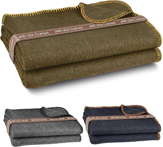 JMR Wool Camping Blanket - Warm Heavy Car Blanket & Camp Quilt - Survival Emergency Blanket for Sleeping Outdoors - Multi-Use Wool Blanket for Camping, Car & Home - 80% Wool, Olive Green, 66X90