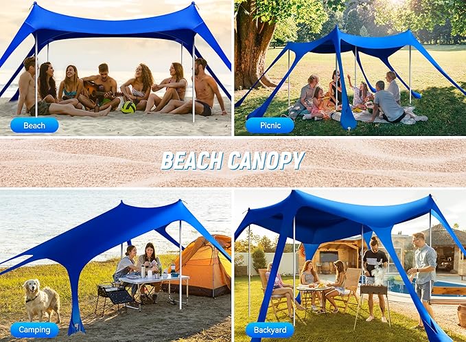 Beach Tent, Camping Sun Shelter UPF50+ with 6 Sandbags, 2 Sand Shovel, 4 Stability Poles, Outdoor Pop UP Beach Canopy for Camping Trips, Fishing, Backyard Fun, Picnics-Dark Blue