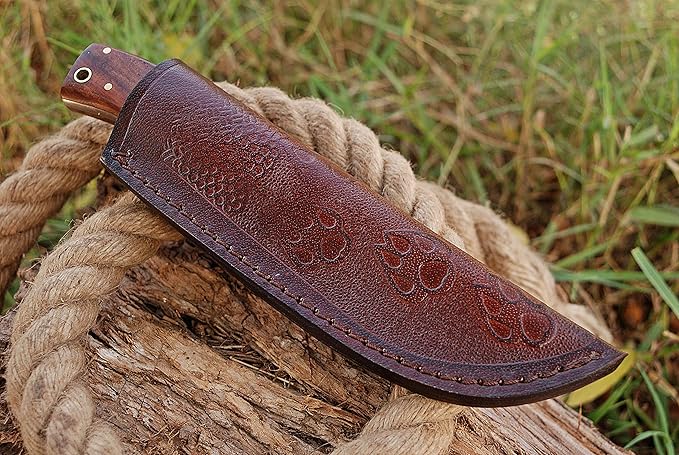 High Carbon Steel Knife, Full Tang Bushcraft Knife - Hunting Knife, Survival Knife, Fixed Blade Knife & Camping Knife with Rose Wood Handle & Leather Knife Sheath