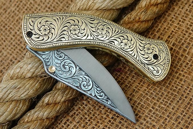 GLADIUS CRAFTS" Exquisite 7.5-inch Hand-Crafted Folding Knife - 3.5-inch D2 Steel Blade with 4-inch Hand-Engraved Brass Handle - Ideal for Collection, EDC Tool, or any other Practical Use - An Extraordinary Gift