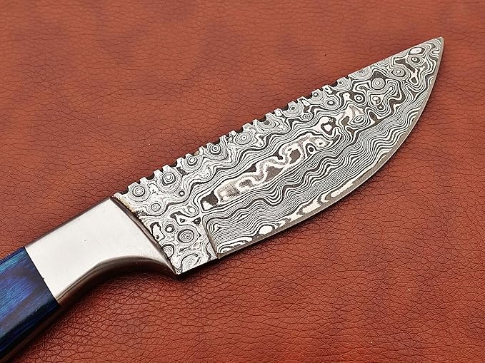 9.5" Walnut wood scale with steel bolster skinning Knife, full tang blade Rain drop pattern straight back hand forged Damascus steel, Cow Leather sheath (Brown) (Blue)