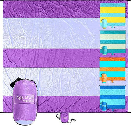 Premium XXL Beach Blanket Sandproof Water Resistant Quick Dry Mat 10ft by 9ft for 1-8 Adults with 4 Metal Stakes, 4 Corner Pockets, Secure Clip and Strap, and Attached Bag