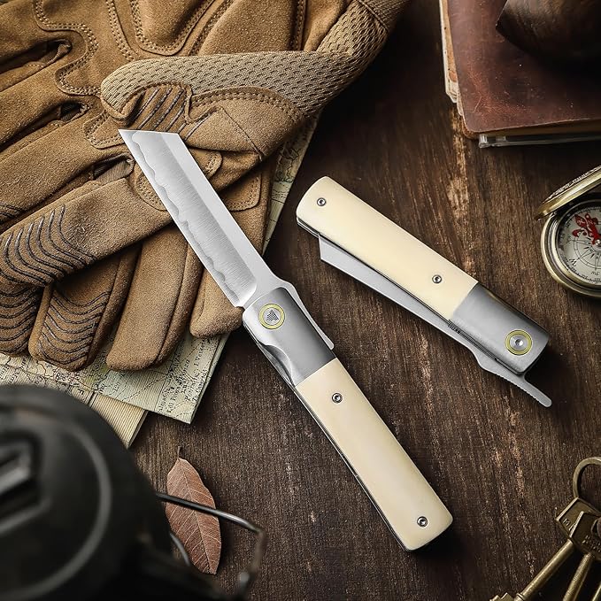 Higonokami Knives Folding Pocket EDC Knife for Men, 3.66" SKD11 Steel Blade, Ti Ring & Handmade OX Bone & Ti Bolster Handle,Leather Sheath for Camping Hiking knife, Kira-02W