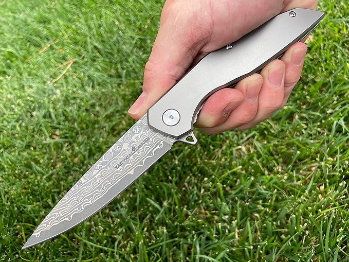 TACTICAL GEARZ Damascus Pocket Folding Knife for EDC! Titanium Handle! 67 Multi-Layered Damascus Steel Blade w/VG10 Core! (Volan XT)