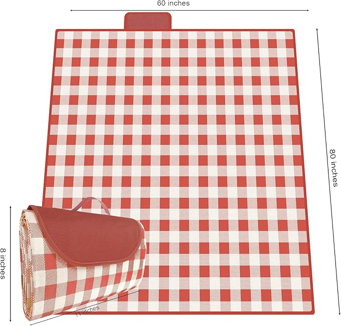QWXNRG Outdoor Picnic Blanket, Foldable Waterproof Sand Mat, Extra Large Picnic Blanket 60" x 80" for Beach Camping Hiking Travel Outdoor Family Concerts - Red Striped
