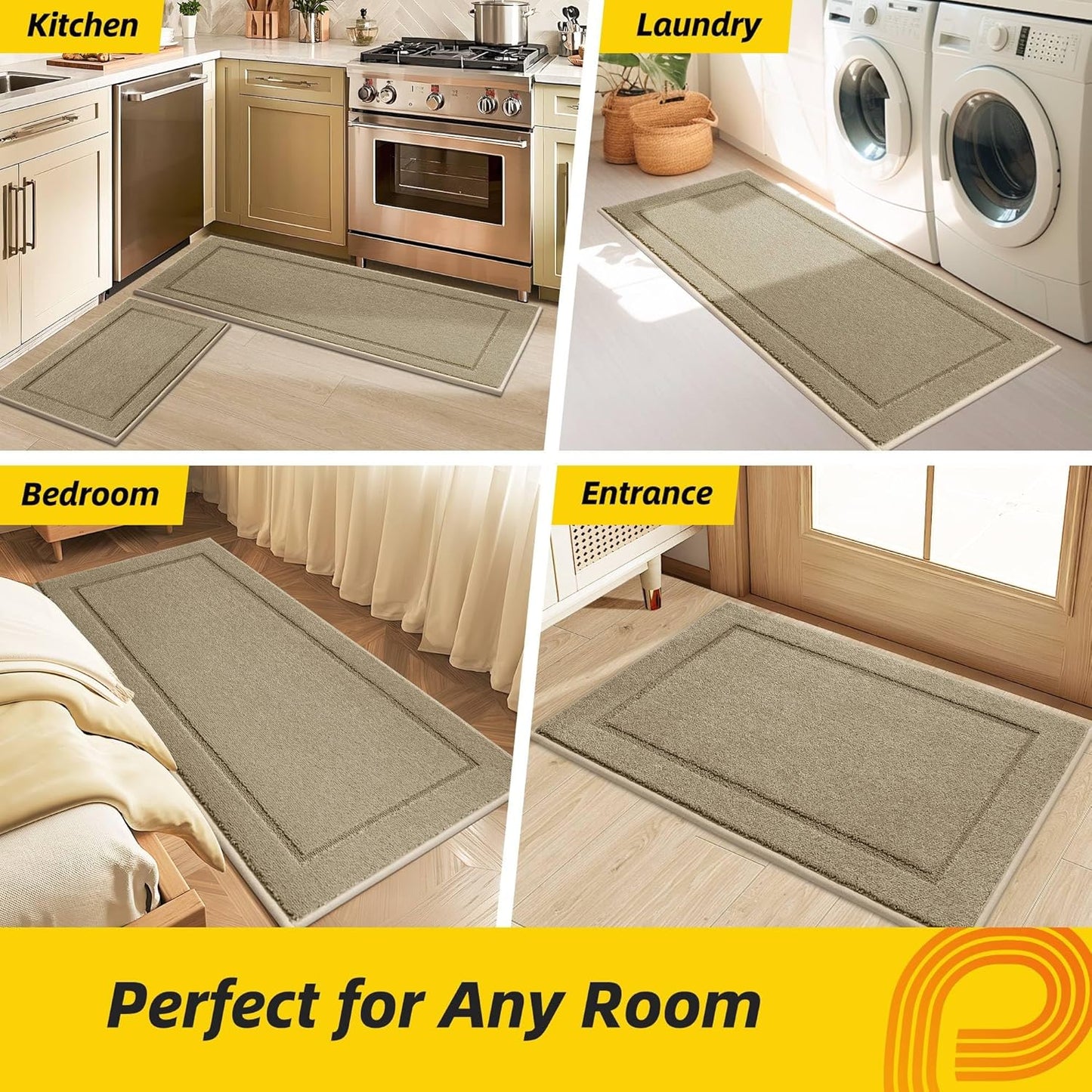 JSEI Non-Slip Kitchen Mats, Self Adhesive No Sliding Kitchen Rugs Set of 2, Washable Absorbent Floor Mat for Kitchen, Bathroom, Laundry Room, Bedroom, 20”x32”+20”x48”, Beige, Rectangular Pattern