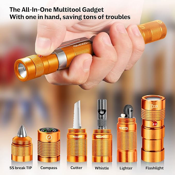 Gifts for Men Women POXIMO EDC Multitool 5-in-1 Tactical Survival Gear with Flashlight, Lighter(No Fuel), Glass Breaker, Whistle, Cutter, Compass, A Cool Birthday Gift, Nice Camping Tool Kit