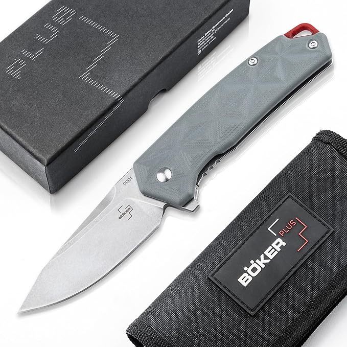 BÖKER PLUS® Gemtek Frame-Lock Knife - noble EDC pocket knife with clip - flipper knife with ball bearing - D2 drop-point folding knife with G10 handle gray with case in gift box