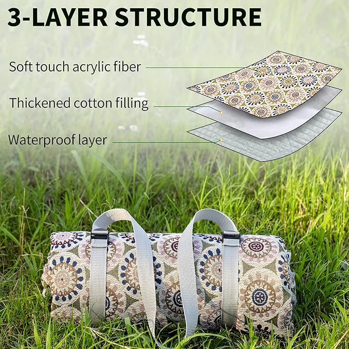 Picnic Blankets, Waterproof & Sandproof Picnic Blanket 3 Layers Thickened for Water-Resistant Handy Mat, 79" x 57" Cotton Camping Blankets for Beach, Camping, Park, Travel, Grass (Sunflower-V2)