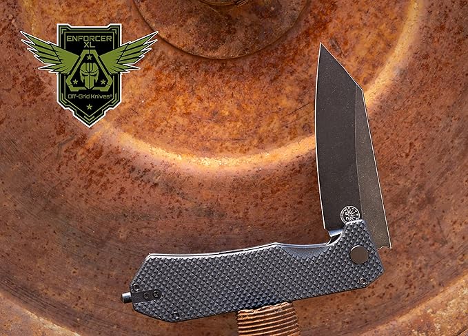 Off-Grid Knives - Enforcer XL Folding Knife w. 154CM Blade Steel, Tungsten Carbide Tip, Ceramic Bearings, Grippy G10, Oversized Handle, Deep Pocket Carry, Left & Right Hand