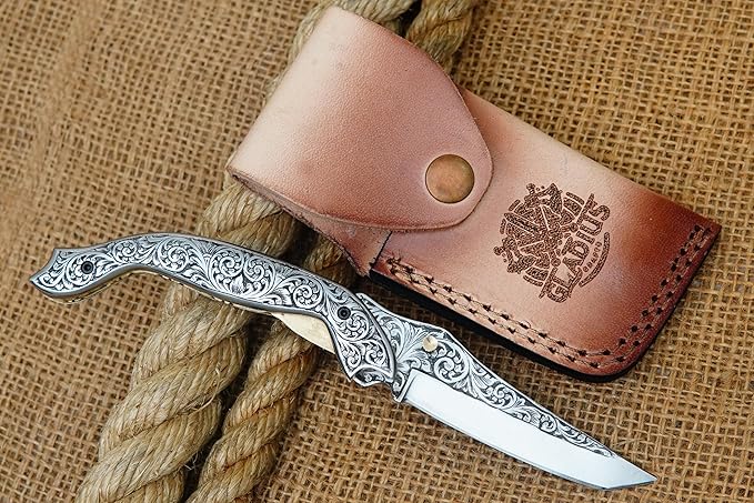 GLADIUS CRAFTS" Exquisite 9-inch Hand-Crafted Folding Knife - 3.5-inch D2 Steel Blade with 4.5-inch Hand-Engraved Stainless Steel Handle - Ideal for Collection, EDC Tool, or any other Practical Use - An Exceptional Gift