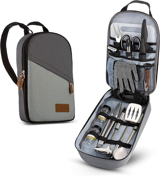 Camp Kitchen Cooking Utensil Set Travel Organizer Grill Accessories Portable Compact Gear for Backpacking BBQ Camping Hiking Travel Cookware Kit Water Resistant Case