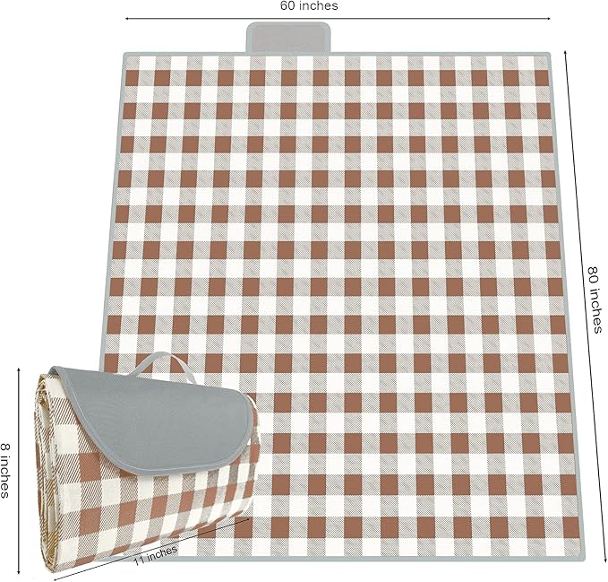 QWXNRG Outdoor Picnic Blanket, Foldable Waterproof Sand Mat, Extra Large Picnic Blanket 60" x 80" for Beach Camping Hiking Travel Outdoor Family Concerts - Brown Striped
