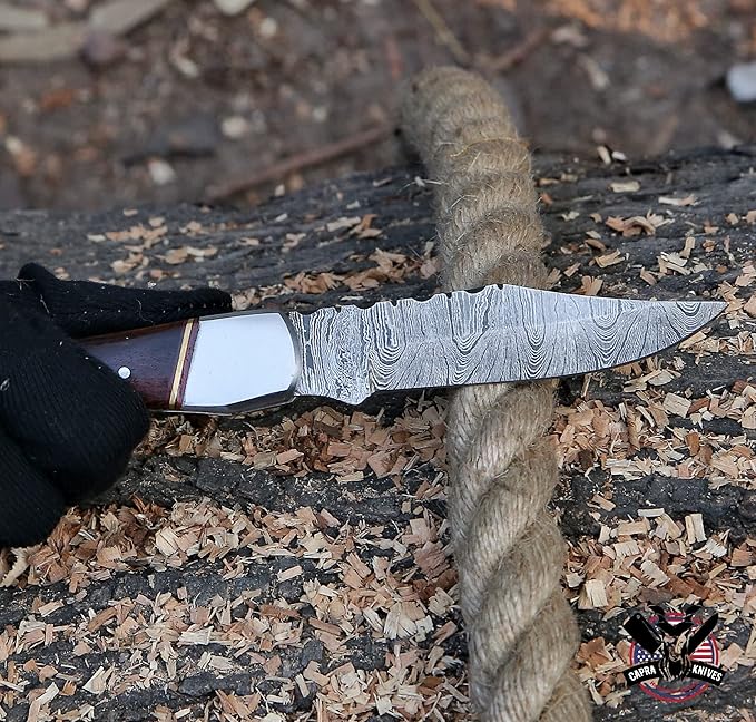 Capra Knives CK-42 Handcrafted Folding Pocket Knife 5” Folded, 9” Long Overall, 8oz Rose Wood Handle, Damascus Blade with Leather Sheath