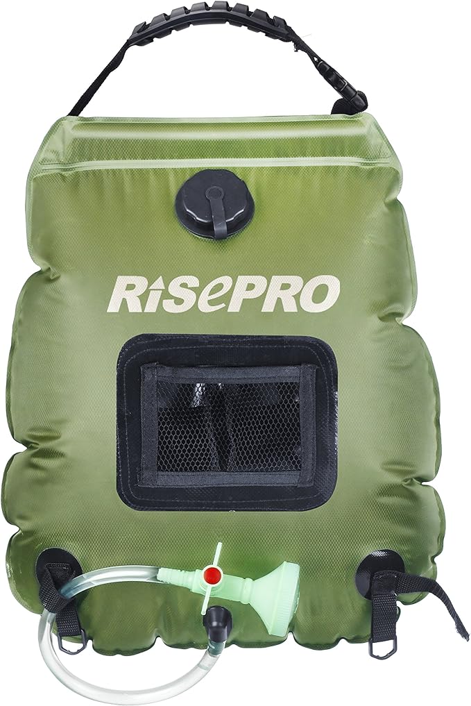 Solar Shower Bag, RISEPRO 5 gallons/20L Solar Heating Premium Camping Shower Bag Hot Water with Temperature 45°C Removable Hose on/Off Switchable Shower Head Hiking Climbing Summer Shower K8