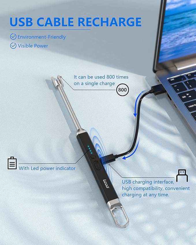 long lighter, Candle Lighters Electric Lighter, Rechargeable Arc Lighter with LED Display, 360° Flexible Neck Flameless Grill Lighters for Candle Aromatherapy Camping BBQ Gas Stoves-Deep Black
