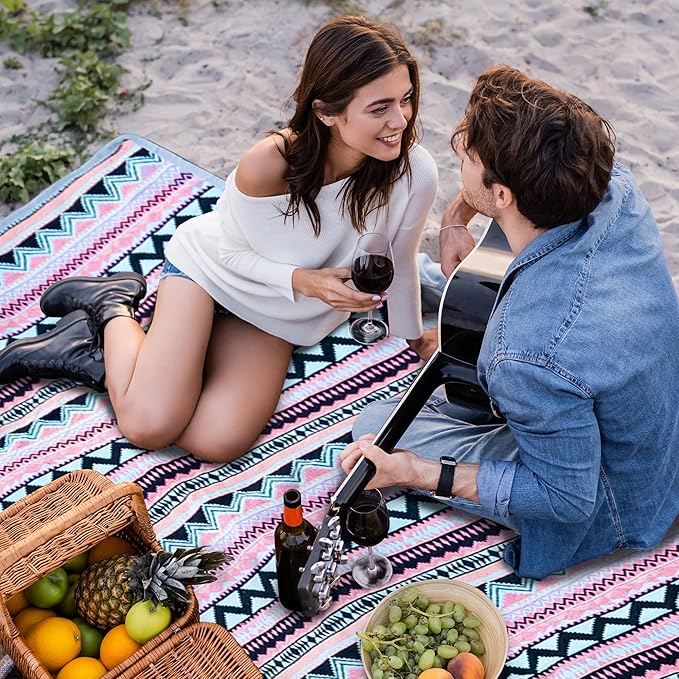 Picnic Blankets, Waterproof & Sandproof Picnic Blanket 3 Layers Thickened for Water-Resistant Handy Mat, 79" x 57" Cotton Camping Blankets for Beach, Camping, Park, Travel, Grass (Pink)