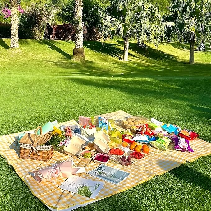 Picnic Blankets Waterproof Foldable Yellow Gingham Beach Outdoor Blanket Tote handbag for Park Travel Camping (40x60 inch)