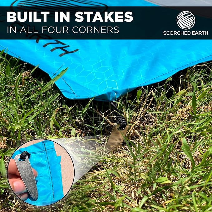 Pocket Blanket for Beach, Travel, Outdoor, Camping, Hiking, Picnic, Festival, Sports - Water Resistant, Compact, Durable Tarp - Corner Pockets, Bag, Built in Stakes (Aqua Blue, 60x55)