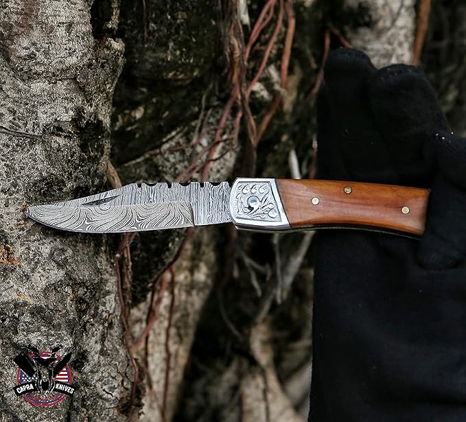 Capra Knives CK-52 Handcrafted Folding Engraved Brass Pocket Knife 4” Folded, 7.25” Long Overall, 4.5oz Olive Wood Handle, Damascus Blade with Leather Sheath