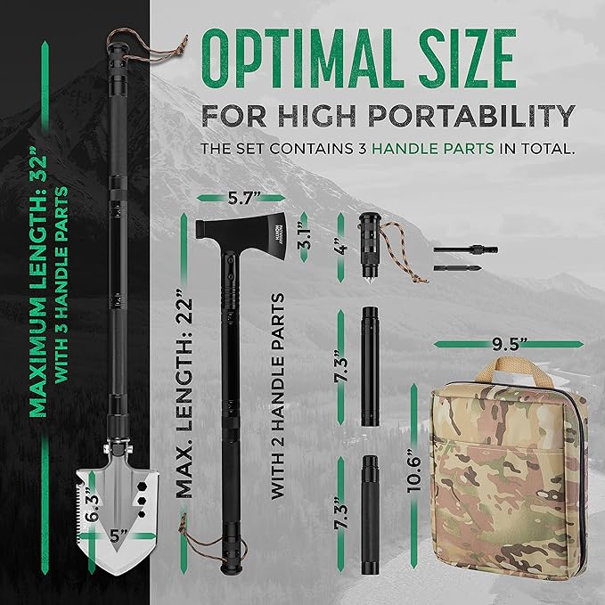 Survival Shovel and Camping Axe โ Stainless Steel Tactical, Survival Multi-Tool and Survival Hatchet Equipment for Outdoor Hiking Camping Gear, Hunting, Backpacking Emergency Kit(Black)