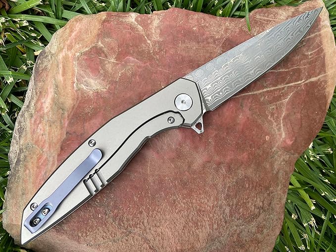 TACTICAL GEARZ Damascus Pocket Folding Knife for EDC! Titanium Handle! 67 Multi-Layered Damascus Steel Blade w/VG10 Core! (Volan XT)