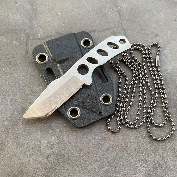 Small Neck Knife Mini Full Tang EDC Tanto Fixed Blade Knife with Kydex Sheath and Necklace - Cool Tactical Pocket Knives for Men and Women - Survival Camping Hiking Boy Scout Tools (White)