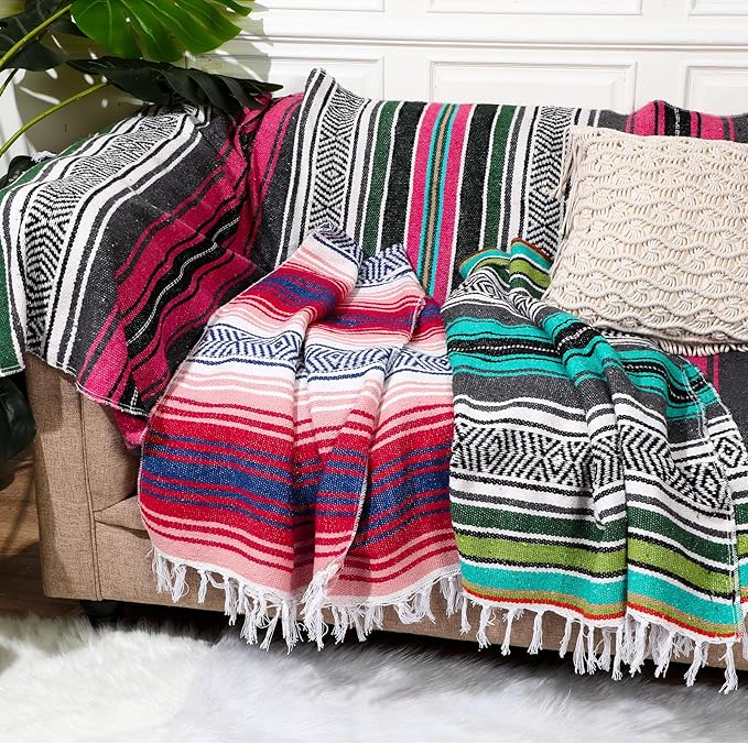Oudain Mexican Blankets and Throws 45 x 70 Inch, Cotton Outdoor Camping Blanket Woven Serape Yoga Blanket Fiesta Picnic Beach Blankets(Classic Color, 3 Pack)