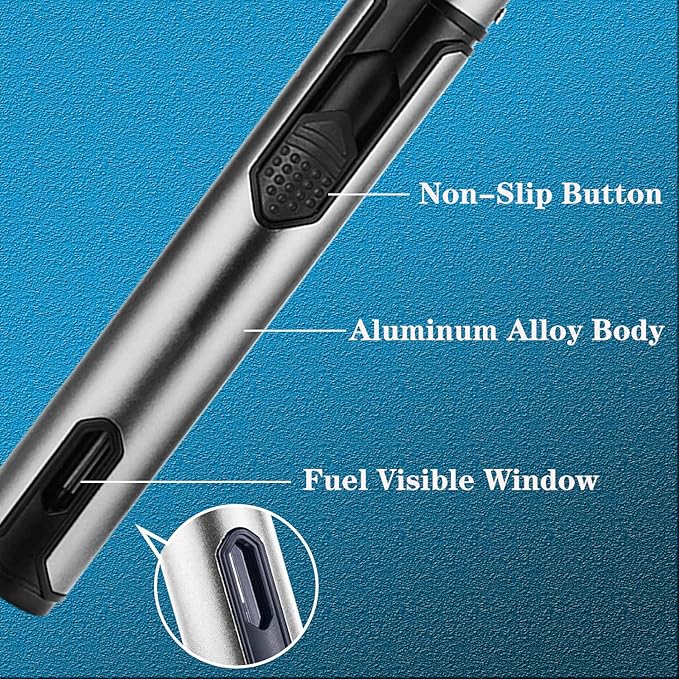 Anrapley Butane Torch Lighter, 6.0in Long Candle Lighter with Fuel Level Window, Windproof Pen Lighter Adjustable Jet Flame for Grill Kitchen Fireplace Camping BBQ, Silver(Gas not Included)