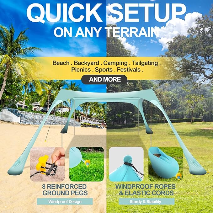 Buheco Beach Tent Pop Up Shade 10x10ft Beach Canopy Sun Shelter UPF50+ with 4 Foldable Poles-Portable Carrying Bag-Sand Shovel-Ground Pegs-Windproof Ropes for Outdoor Family Camping-Fishing- Picnic