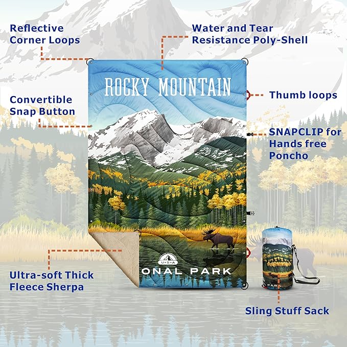 Large Waterproof Windproof Outdoor Travel Blanket with Sherpa Lining: Machine Washable, Ultra-Warm Thick Fleece for Camping, Picnics, Stadiums Sporting Events in Cold Weather - 55 X 78