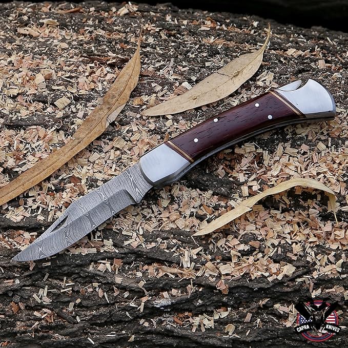 Capra Knives CK-41 Handcrafted Folding Pocket Knife 5” Folded, 9” Long Overall, 8oz Padauk Wood Handle, Damascus Blade with Leather Sheath