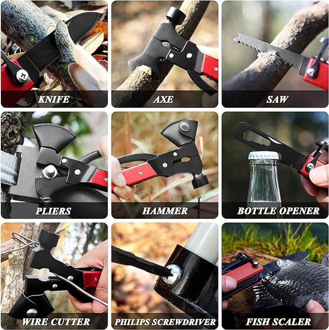 RoverTac Camping Essentials, Multi Tool Axe Hatchet Camping Gear, 14-in-1 Multitool Knife Hammer Pliers Saw Bottle Can Opener Screwdriver, Multitool for Camping Hiking Survival, Gifts for Men Him Dad