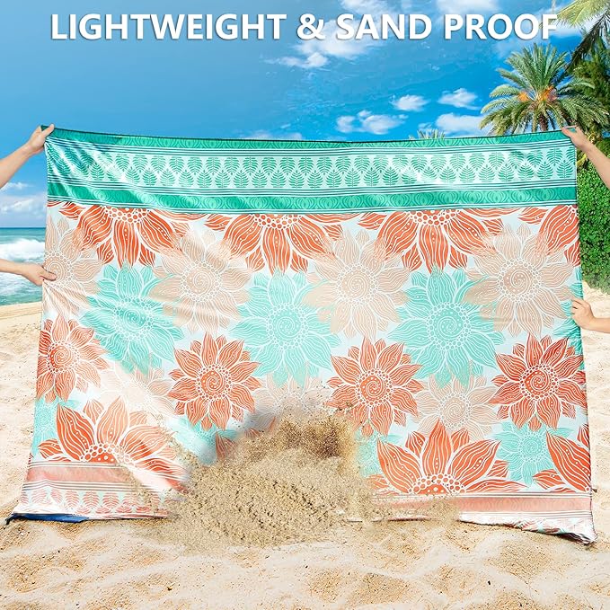 Beach Blanket Sandproof Extra Large Beach Mat Adults Waterproof Quick Drying Sand Free Mat Made by Premium Polyester with 4 Stakes & 4 Corner Pockets for Outdoor Travel Camping Hiking