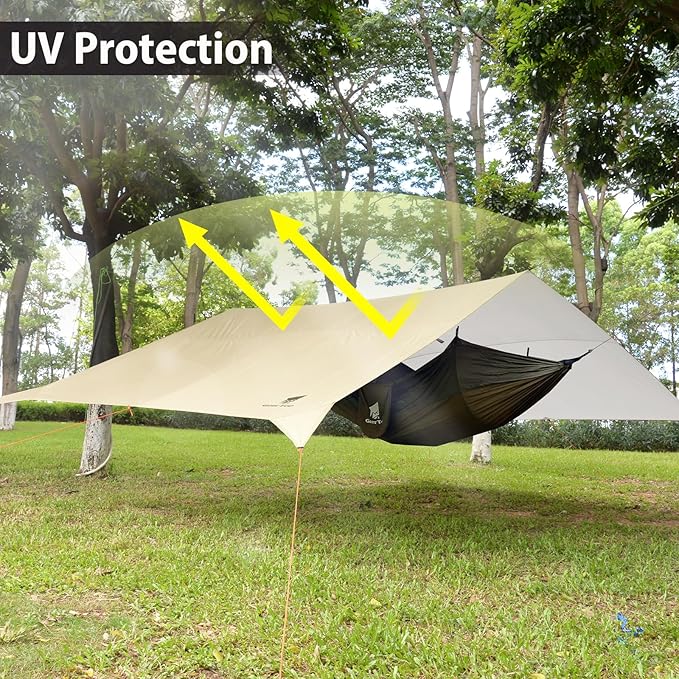 GEERTOP Large Camping Tent Tarp 17 x 10 ft Outdoor Waterproof Hammock Rain Fly Backpacking Tent Tarp Shelter for Survival Travel Khaki (Not Includes Poles)