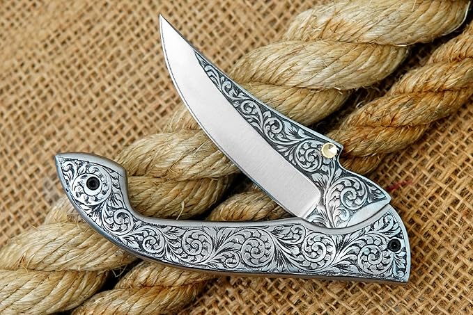 GLADIUS CRAFTS" 9-inch Hand-Crafted Folding Knife - 3-inch D2 Steel Blade with 4-inch Hand-Engraved Stainless Steel Handle - Ideal for Collection, EDC Tool, or any other Practical Use - An Extraordinary Gift