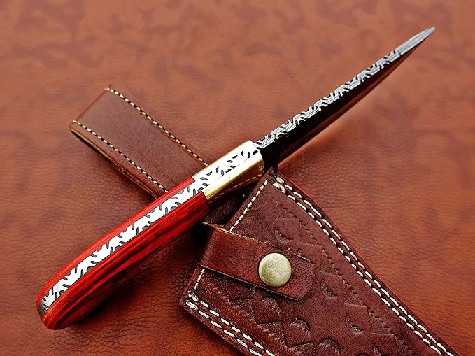 9.5" Long Full Tang Blade Skinning Knife, Rain Drop Pattern Straight Back Hand Forged Damascus Steel, Walnut Wood Scale with Brass Bolster, Cow Leather Sheath (Red)