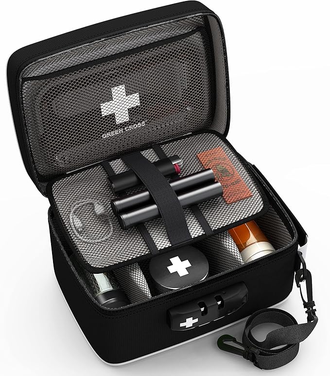 GREEN CROSS Medicine Bag with Combination Lock 8.5" x 5.5" x 4.5" (Black Nylon)