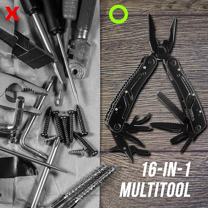 Multitool 12-in-1 with EDC Pocket Folding Knife,Needle Nose Pliers, Wire Stripper, Pocket Clip, Screwdriver Sleeve, Stainless Steel Multi tool Gear for Outdoor, Survival, Camping, Hiking, Repair