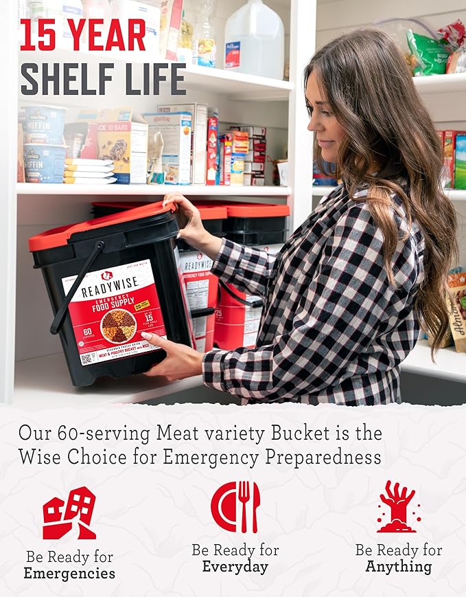 READYWISE - Meat Variety Bucket, 60 Servings, Emergency, MRE Meal Food Supply, Premade, Freeze Dried Survival Food for Hiking, Adventure & Camping Essentials, Individually Packaged, 15 Year Shelf Life