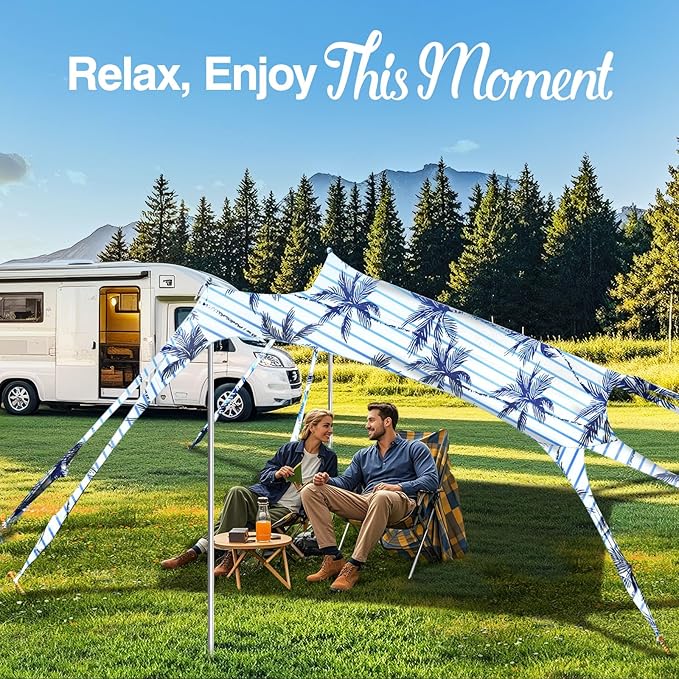 Rhino Valley Beach Tent Sun Shelter, Beach Canopy Tent Sun Shade UPF50+ Protection with 8 Sandbags 4 Stability Poles, Outdoor Beach Shade Canopy for Beach, Camping, Fishing